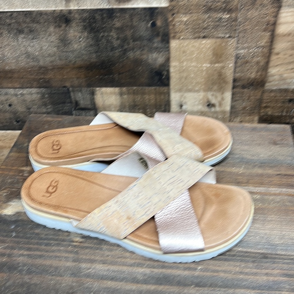 UGG Kari Treadlite Women's Rose Gold Metallic Cork Leather Slide‎ Sandals Size - Picture 5 of 8